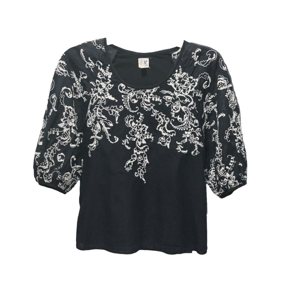 Anthropologie Edme & Esyllte Boho Embroidered Top Black Women Size 0